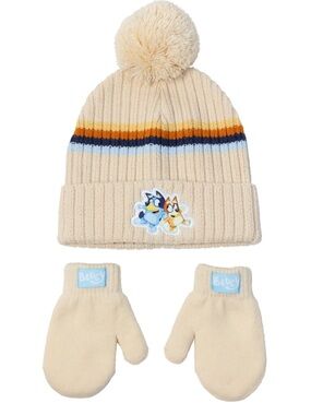 Cream Pom Beanie and Mittens Set for Kids